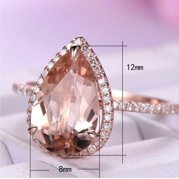 Morganite 6 Carat Pink Diamonds Simulated Tear Drop Halo Statement Ring. - Picture 6 of 6